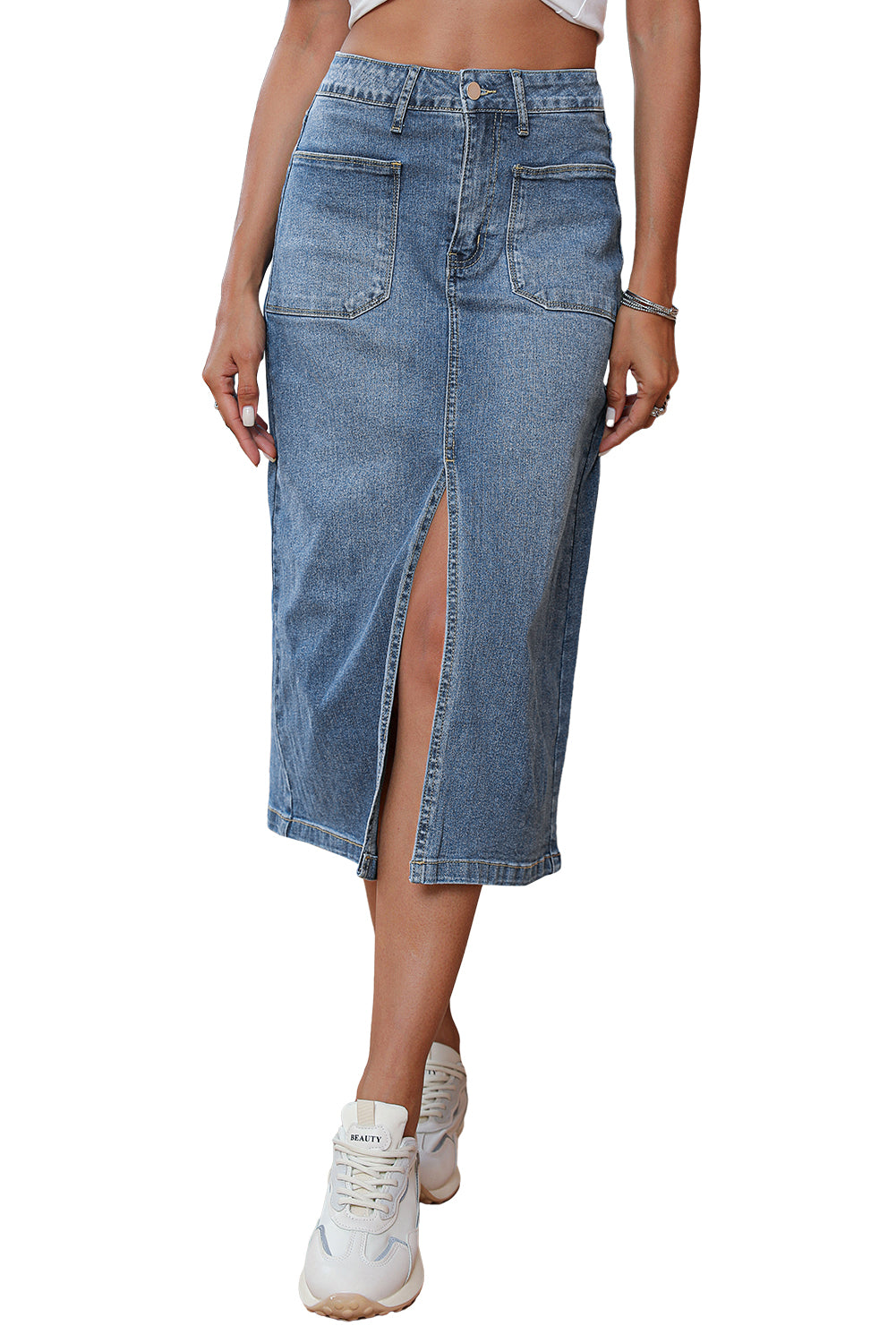 Serene Blue Front Slit Midi Denim Skirt