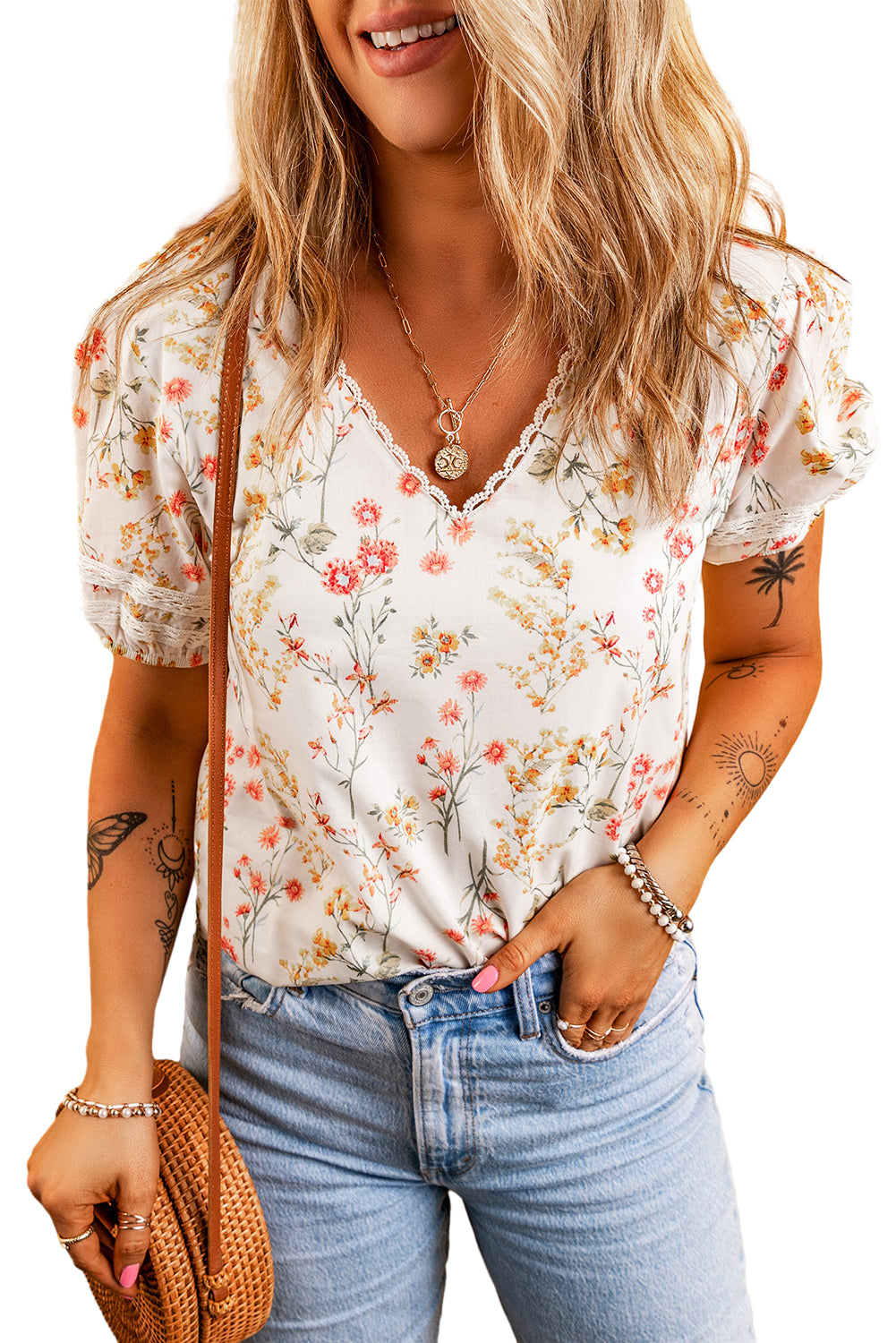 Boho Floral Lace Trim Short Sleeve Tee