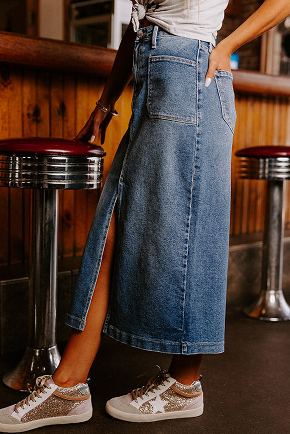 Serene Blue Front Slit Midi Denim Skirt