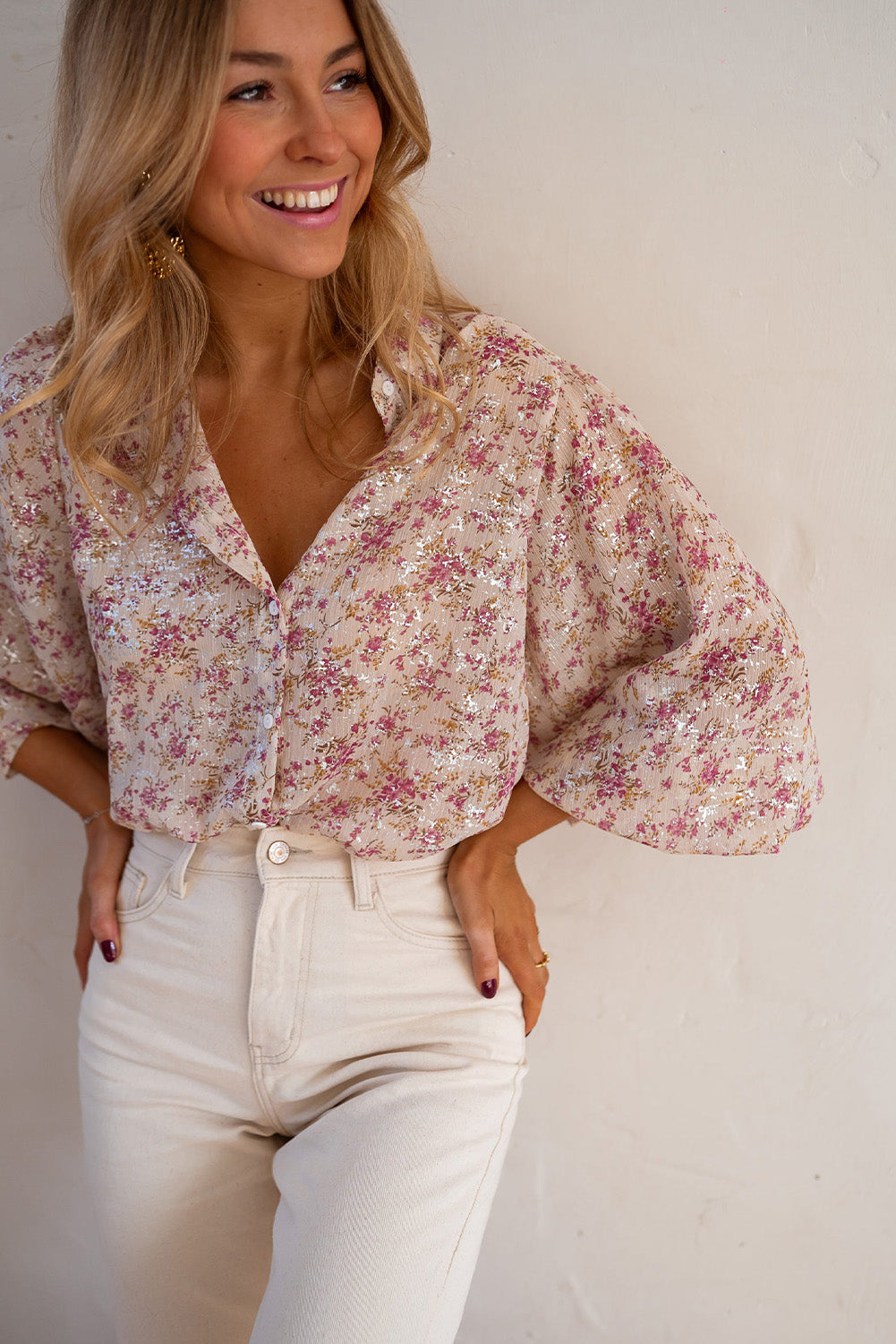 Rose Blossom V-Neck Bishop Sleeve Shirt