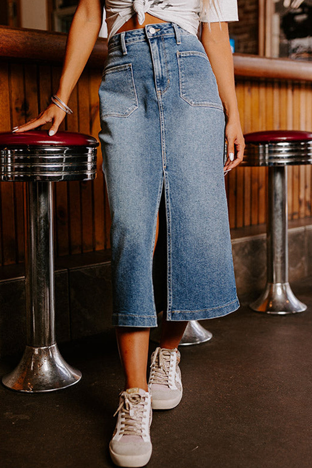 Serene Blue Front Slit Midi Denim Skirt