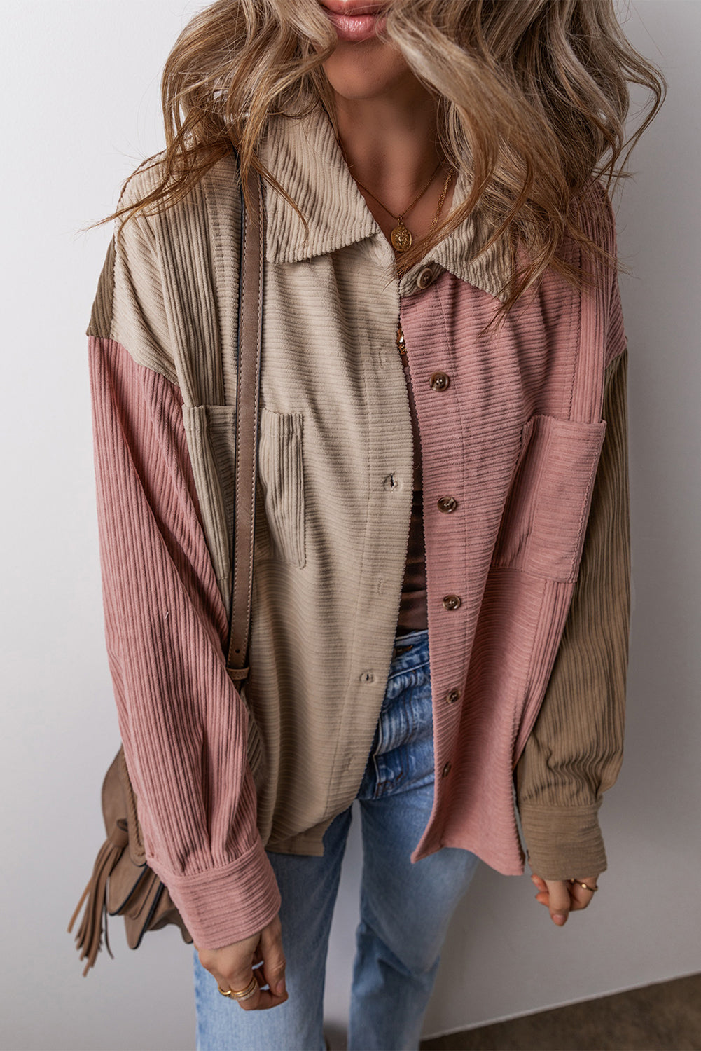 Desert Rose Corduroy Color Block Shacket