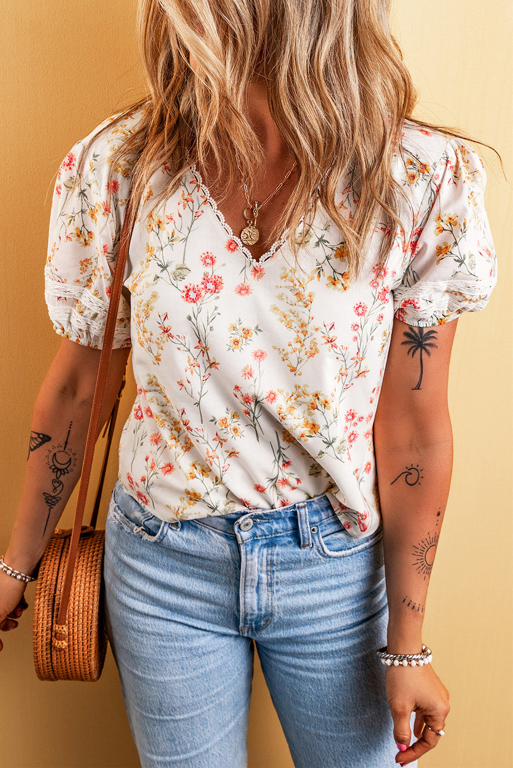 Boho Floral Lace Trim Short Sleeve Tee