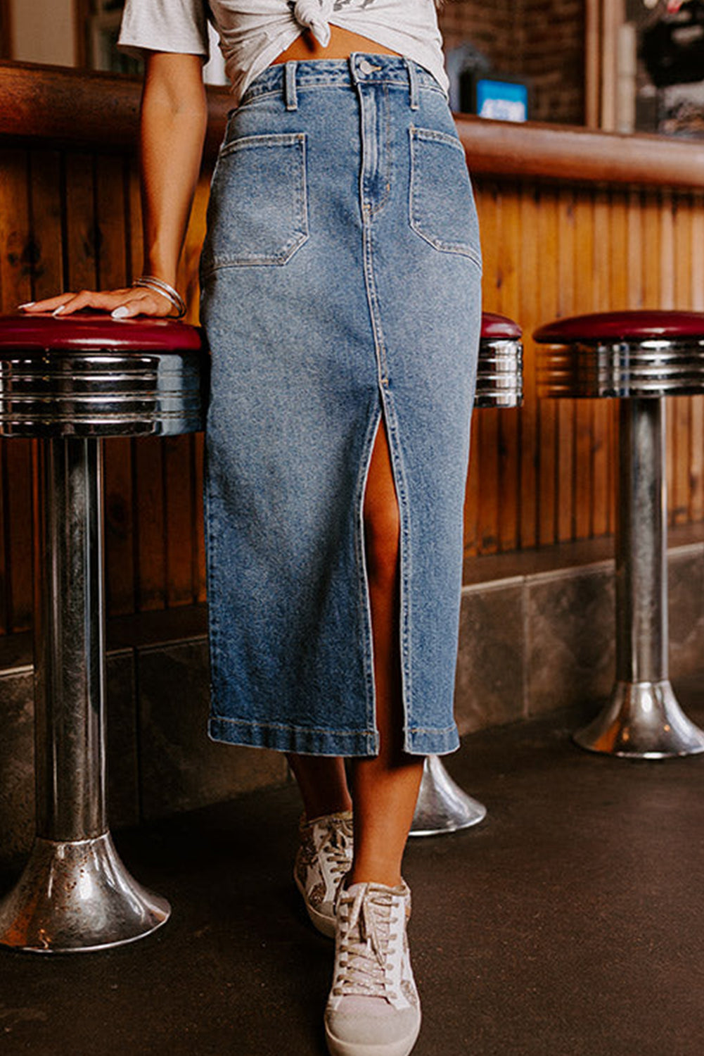 Serene Blue Front Slit Midi Denim Skirt