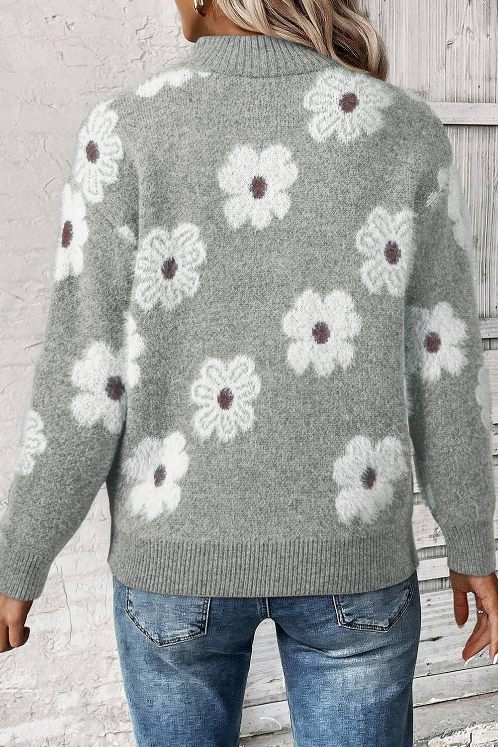 Gray Daisy Charm Half Zip Sweater