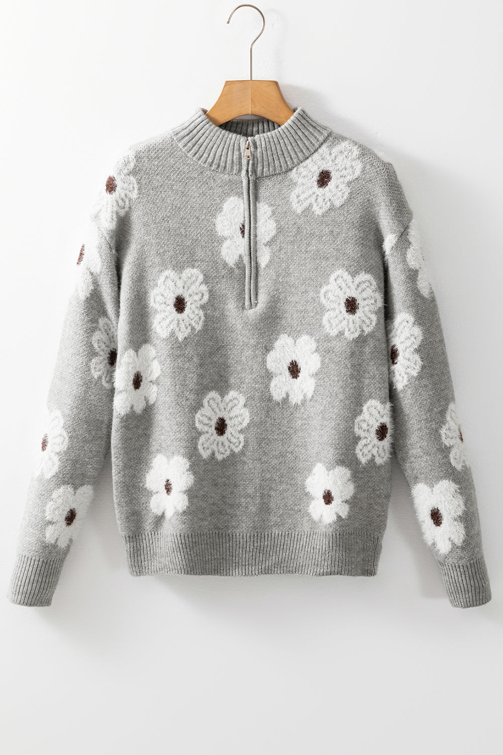 Gray Daisy Charm Half Zip Sweater