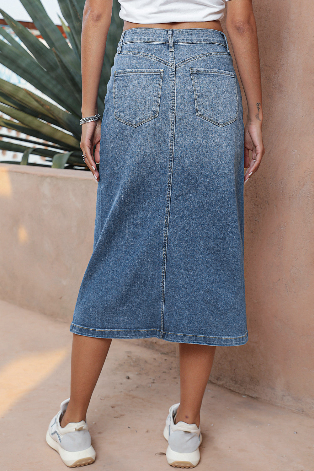 Serene Blue Front Slit Midi Denim Skirt