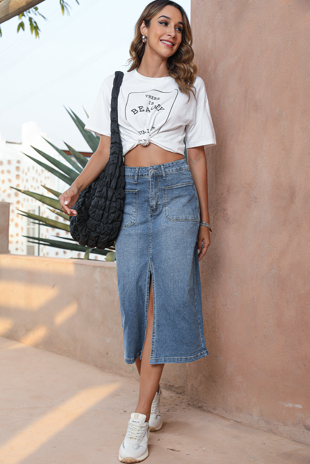 Serene Blue Front Slit Midi Denim Skirt