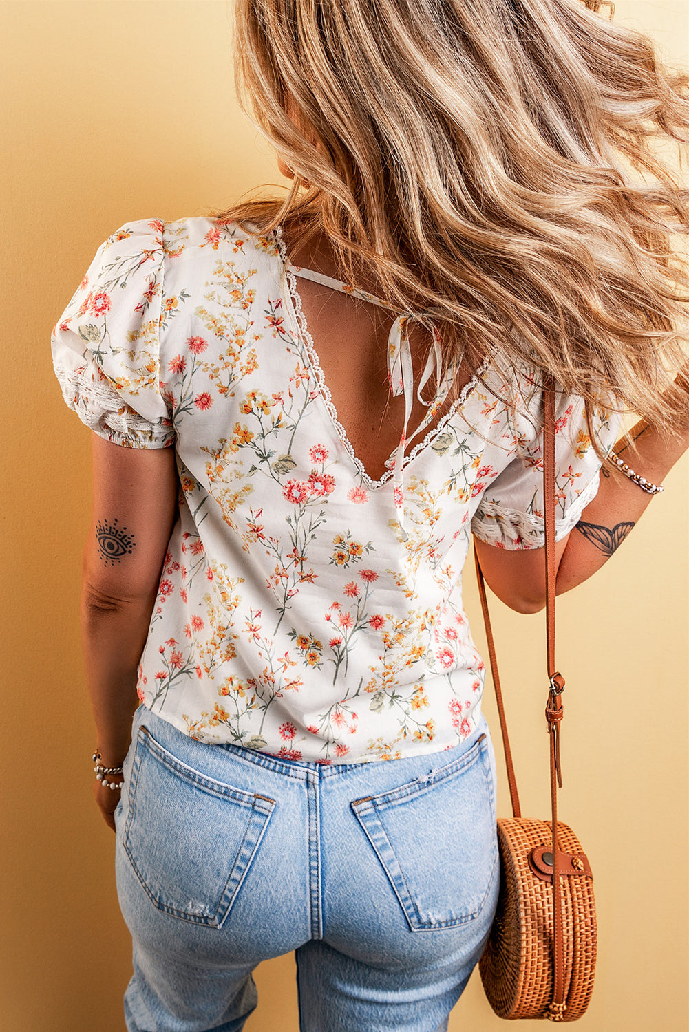 Boho Floral Lace Trim Short Sleeve Tee