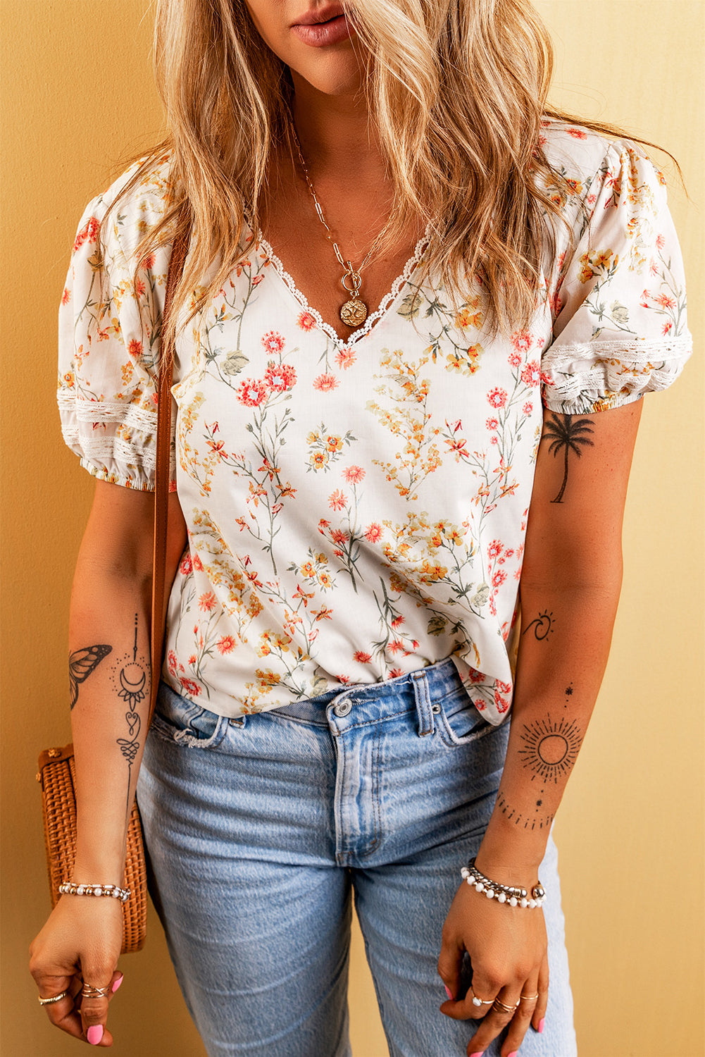 Boho Floral Lace Trim Short Sleeve Tee