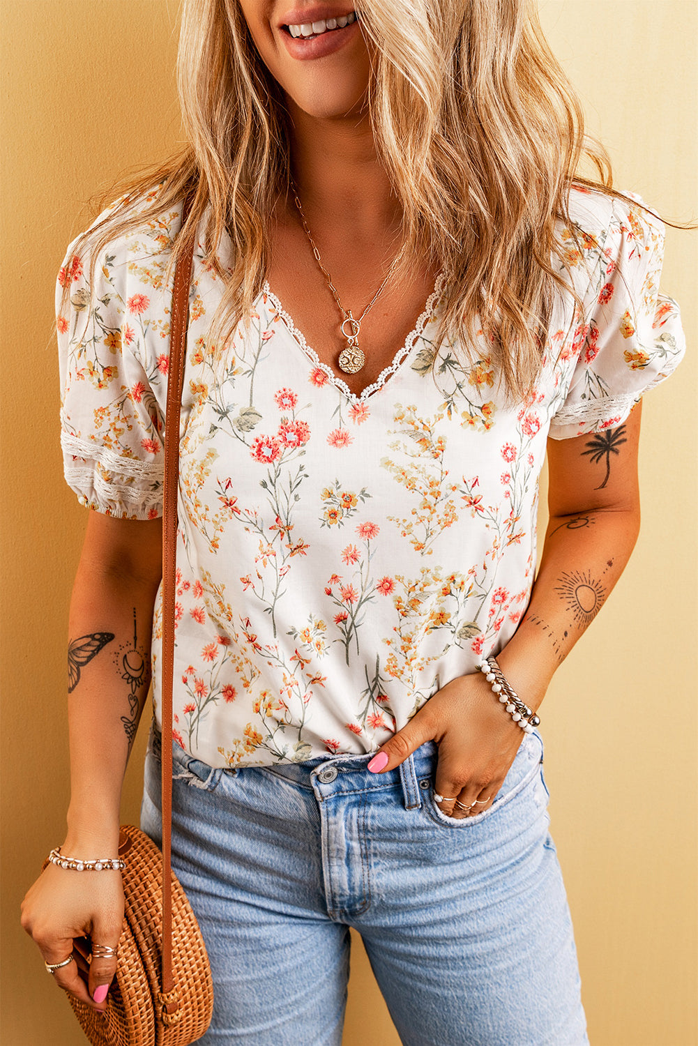 Boho Floral Lace Trim Short Sleeve Tee