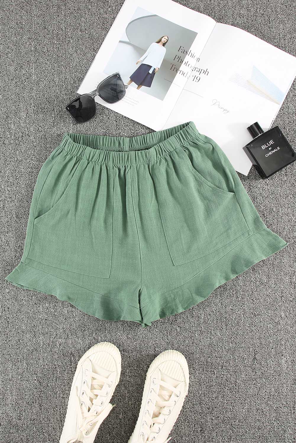 Green High Waist Ruffle Shorts