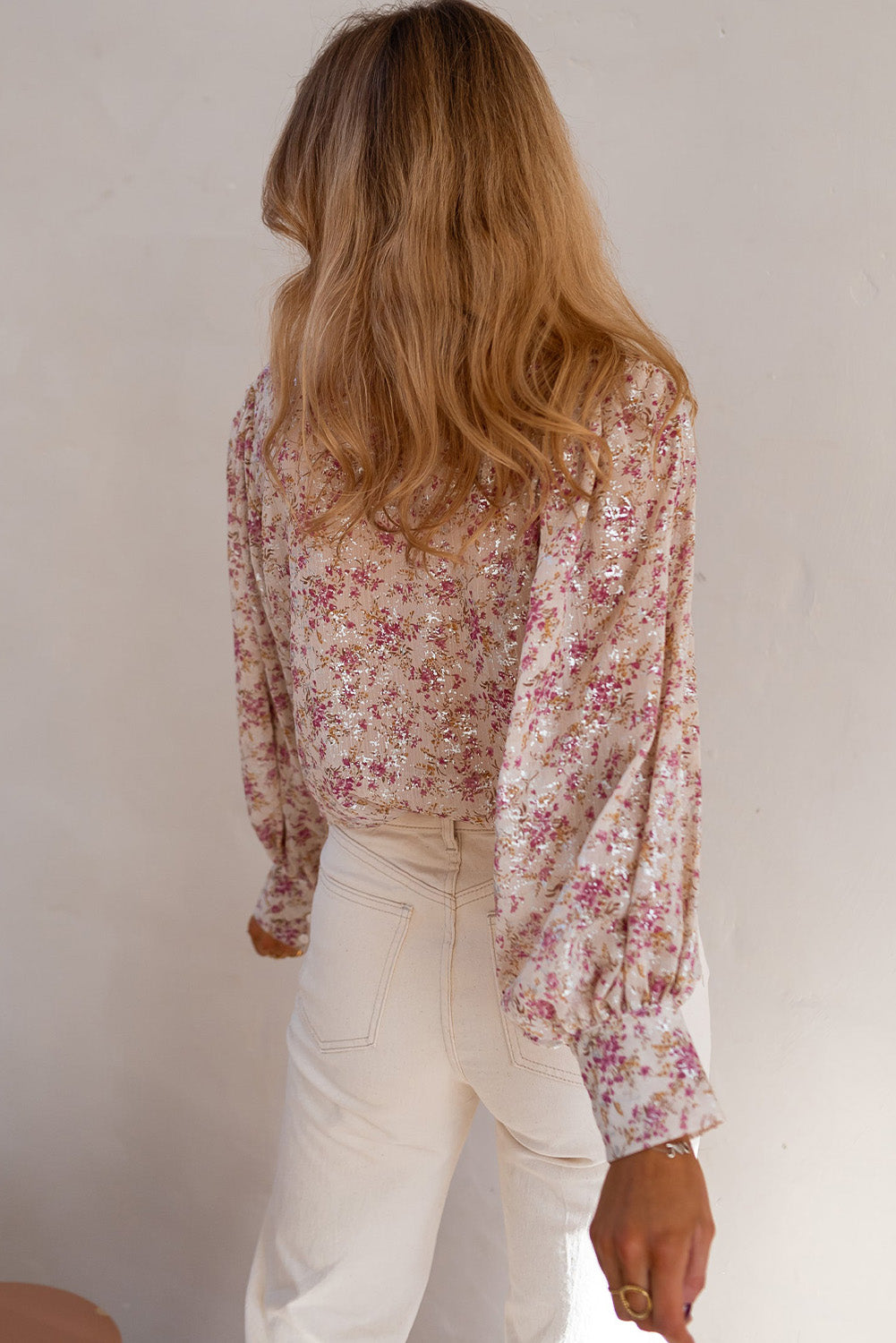 Rose Blossom V-Neck Bishop Sleeve Shirt