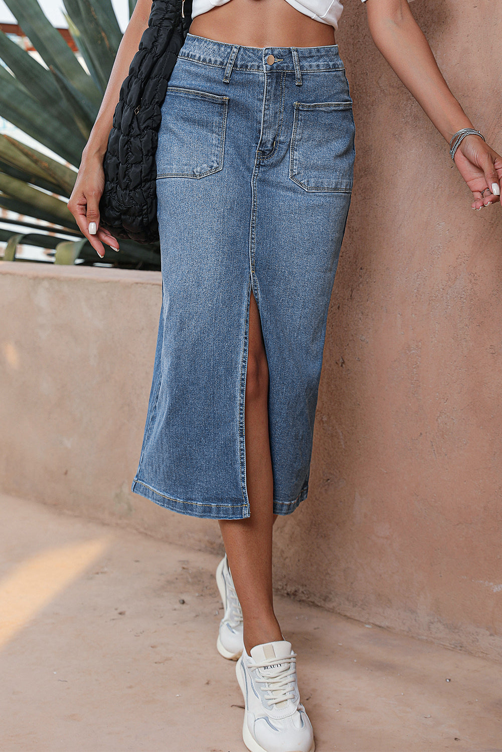 Serene Blue Front Slit Midi Denim Skirt