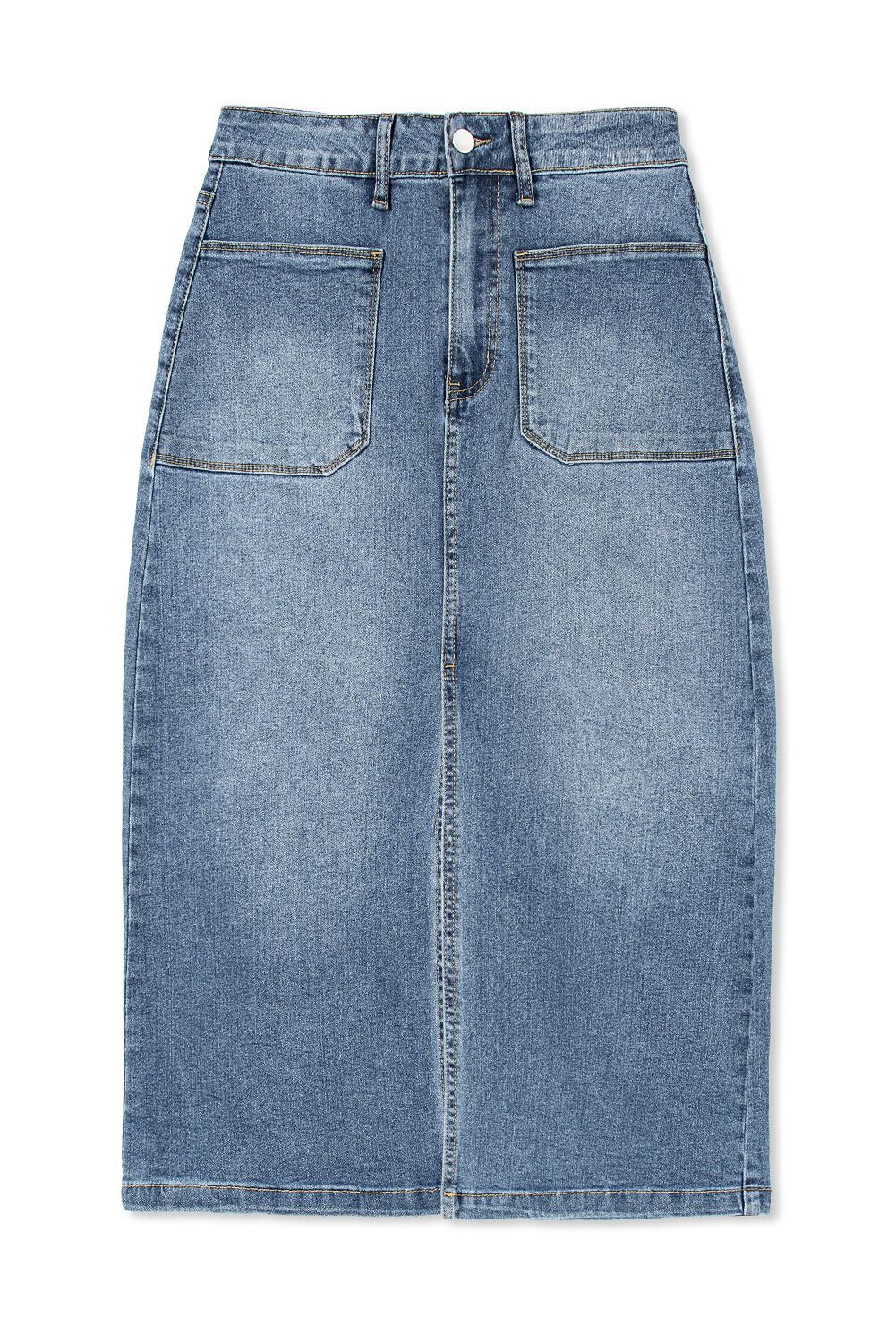 Serene Blue Front Slit Midi Denim Skirt