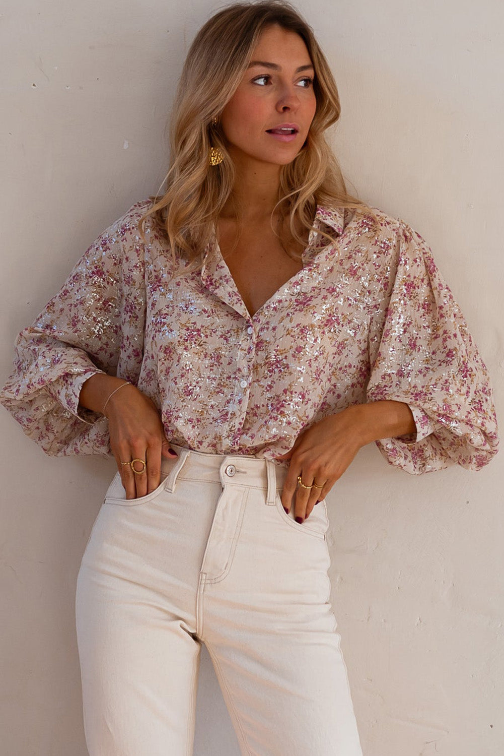 Rose Blossom V-Neck Bishop Sleeve Shirt