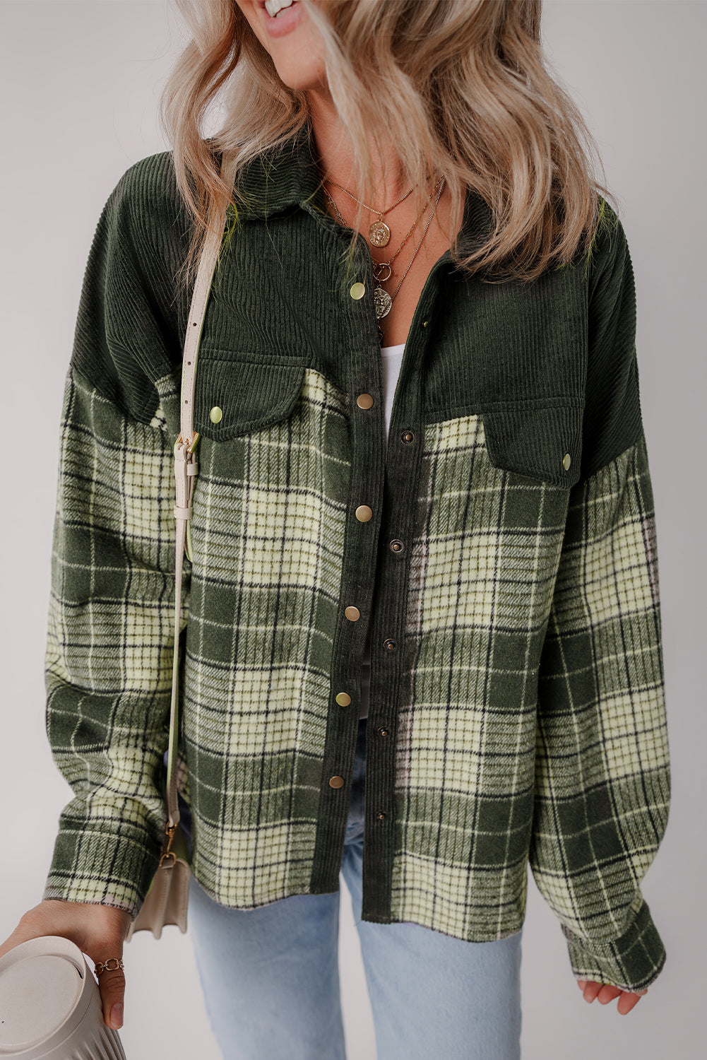 Blackish Green Snap Buttons Colorblock Plaid Shacket