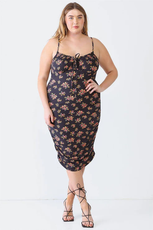 Black Floral Print Ruched Curvy Midi Dress