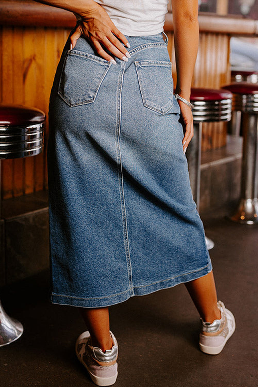 Serene Blue Front Slit Midi Denim Skirt