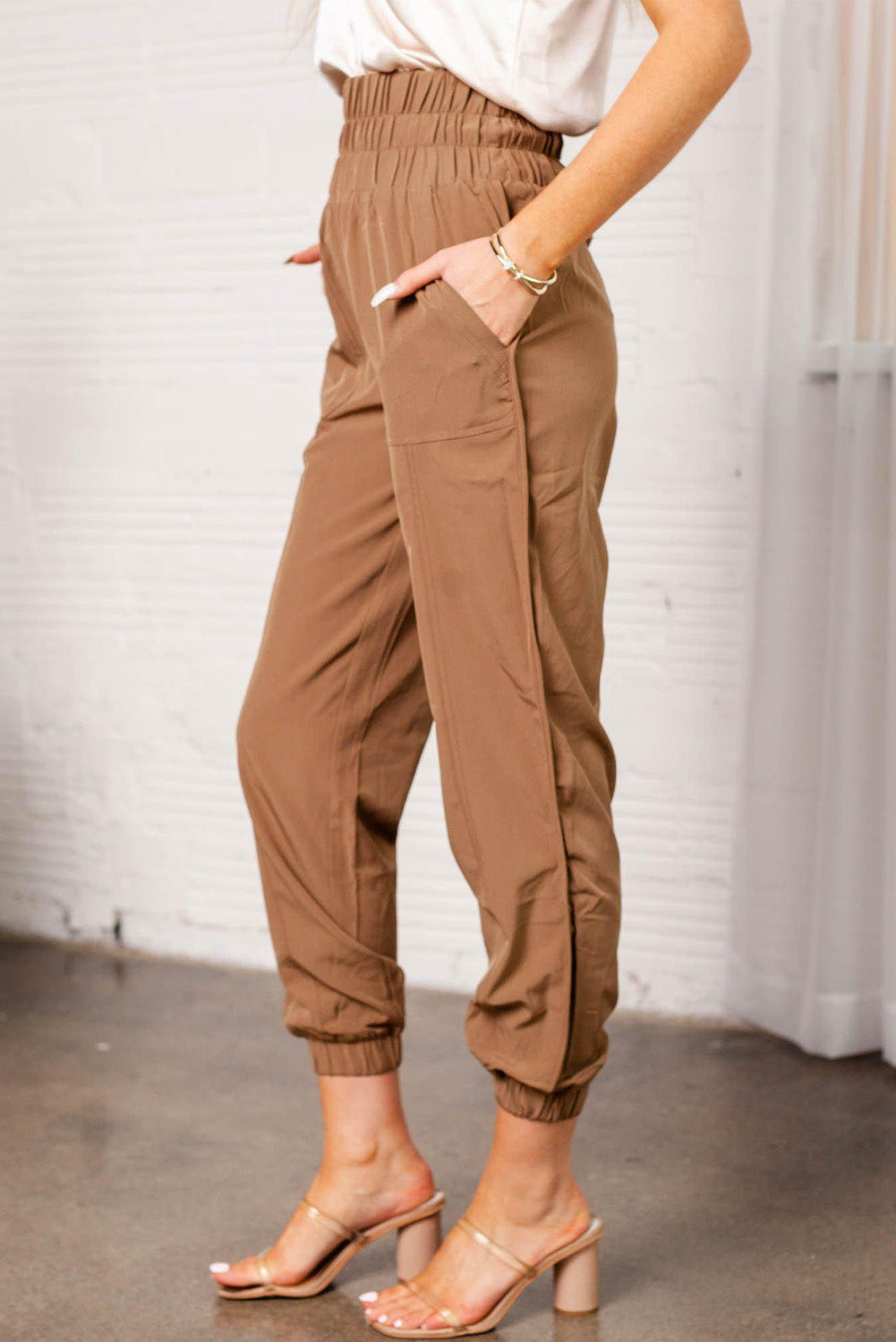 Camel Ruched High Waist Joggers