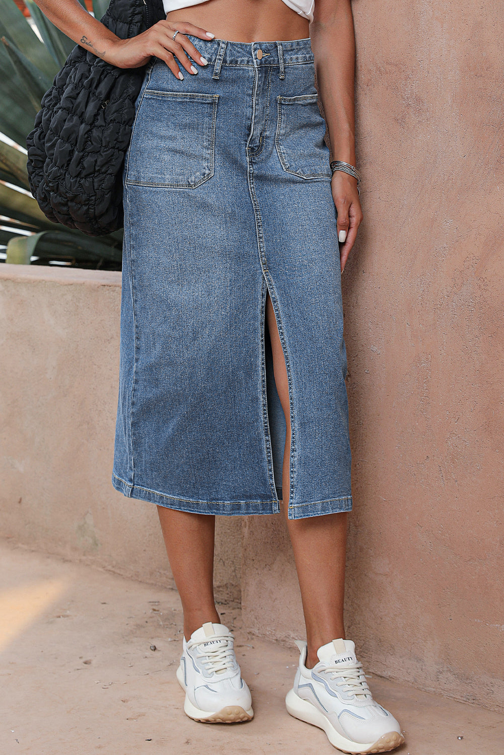 Serene Blue Front Slit Midi Denim Skirt