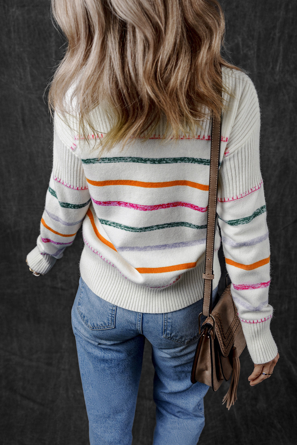 Rainbow Crest Ribbed Trim Sweater