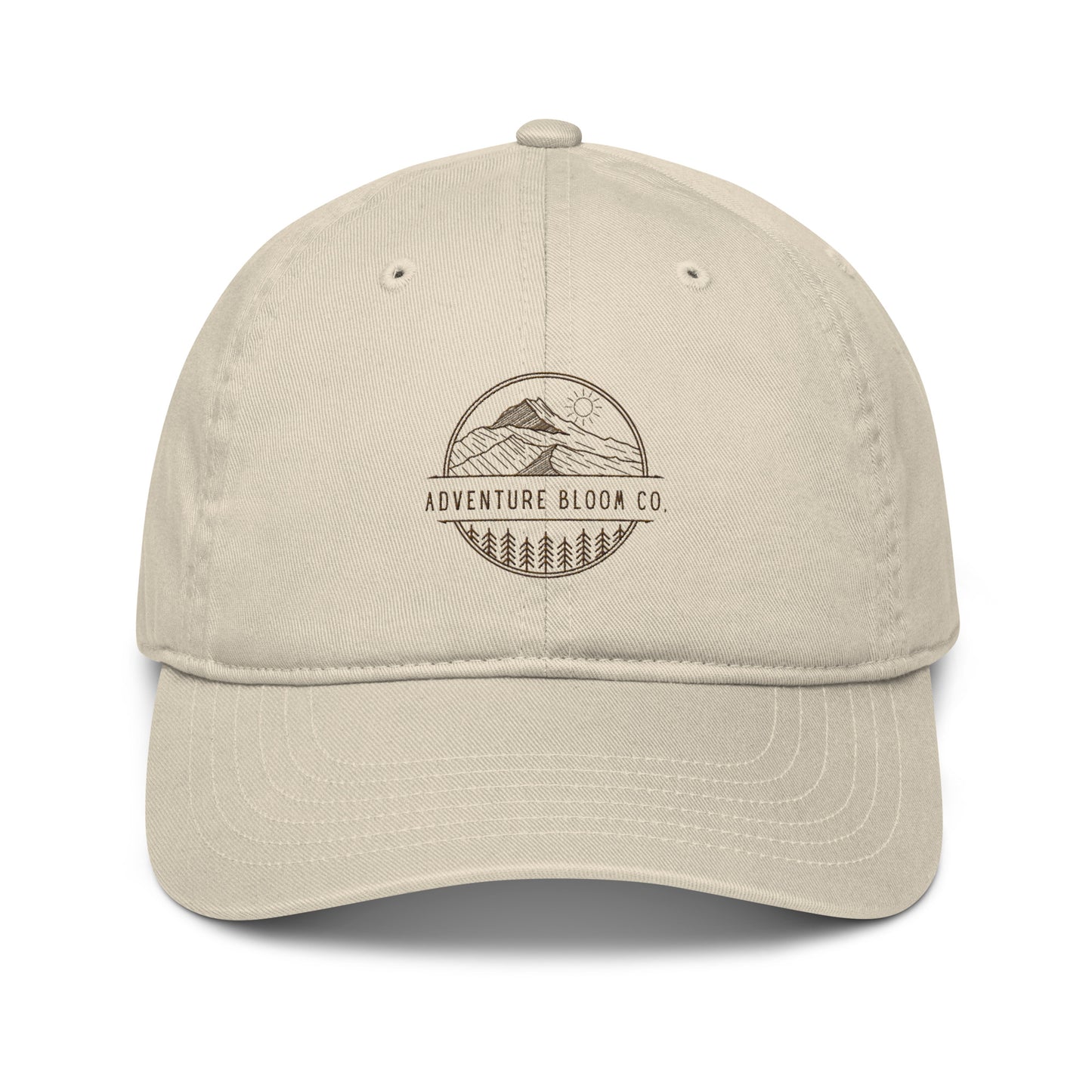 Front View of Adventure Bloom Co.'s Classic Adventure Dad Hat, Oyster