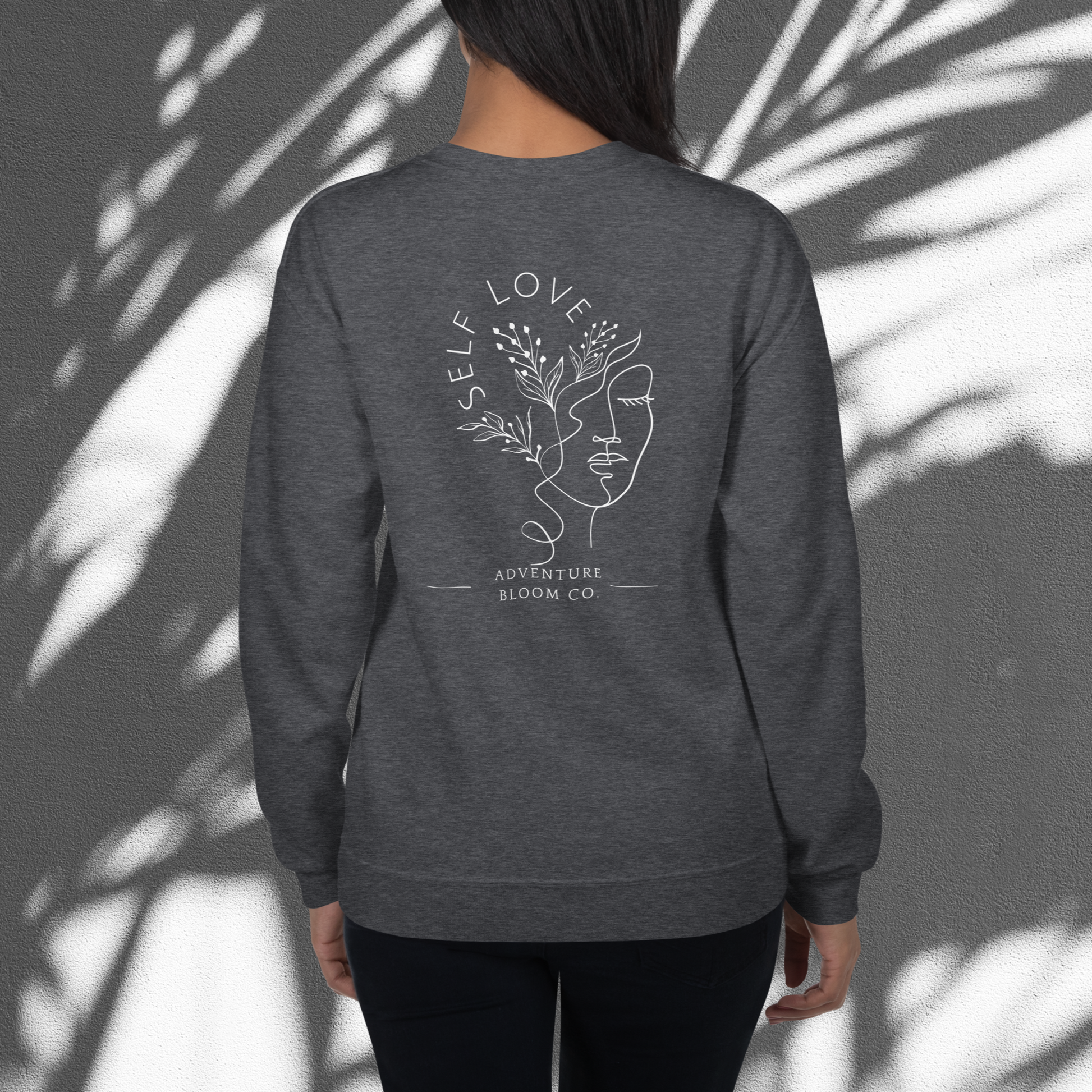 Back of Self-Love Sanctuary Crewneck Sweatshirt in Dark Heather