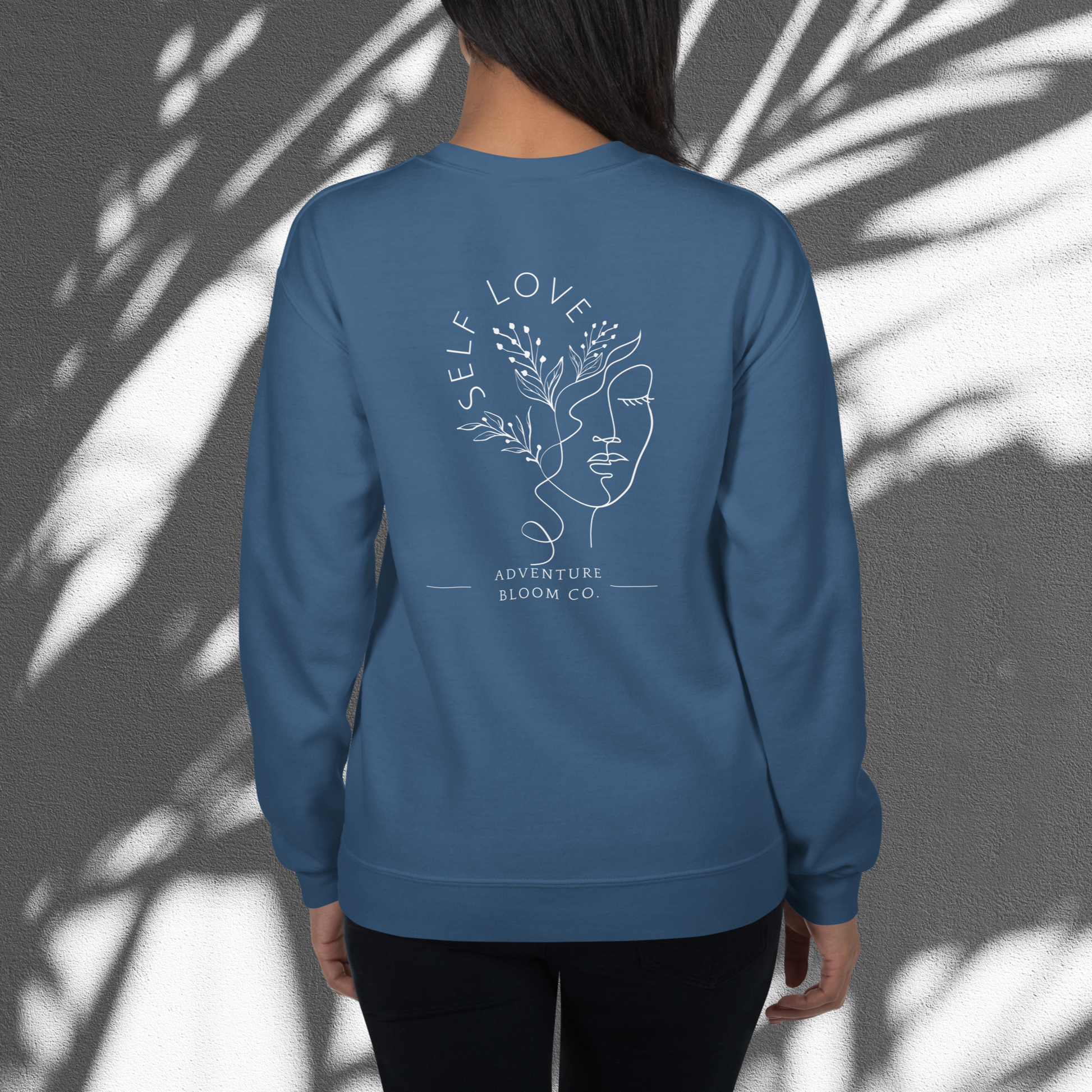 Back of Self-Love Sanctuary Crewneck Sweatshirt in Indigo Blue