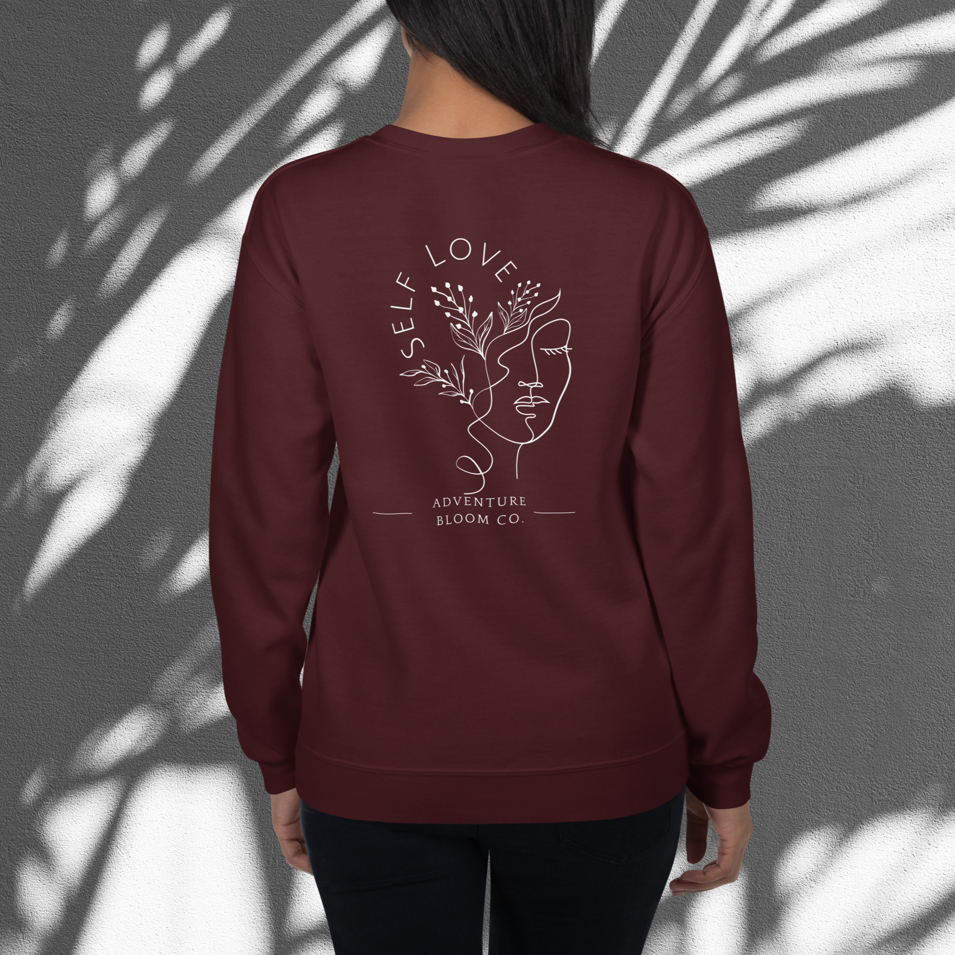 Back of Self-Love Sanctuary Crewneck Sweatshirt in Maroon