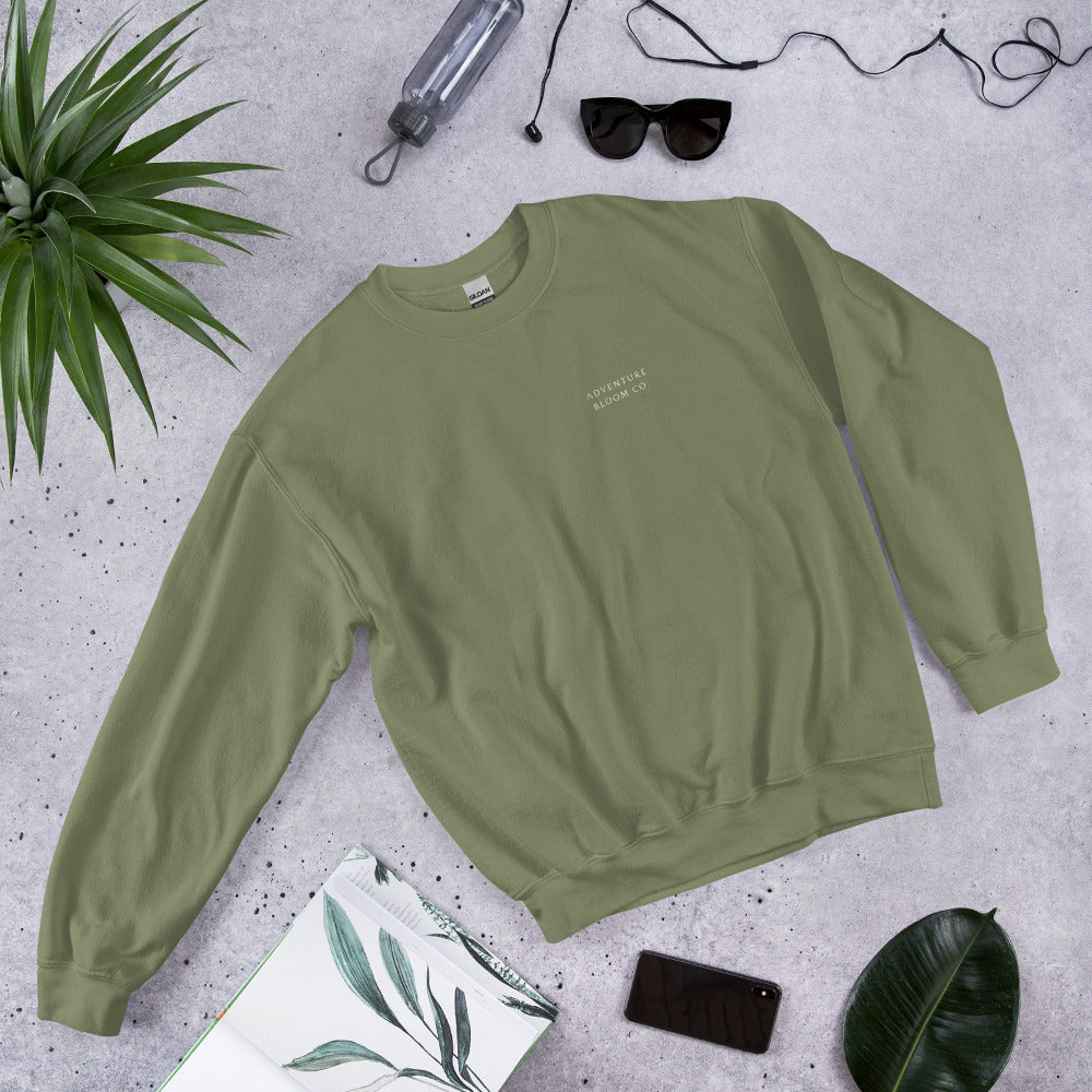 Lifestyle Shot of the Self-Love Sanctuary Crewneck Sweatshirt for Women in Military Green