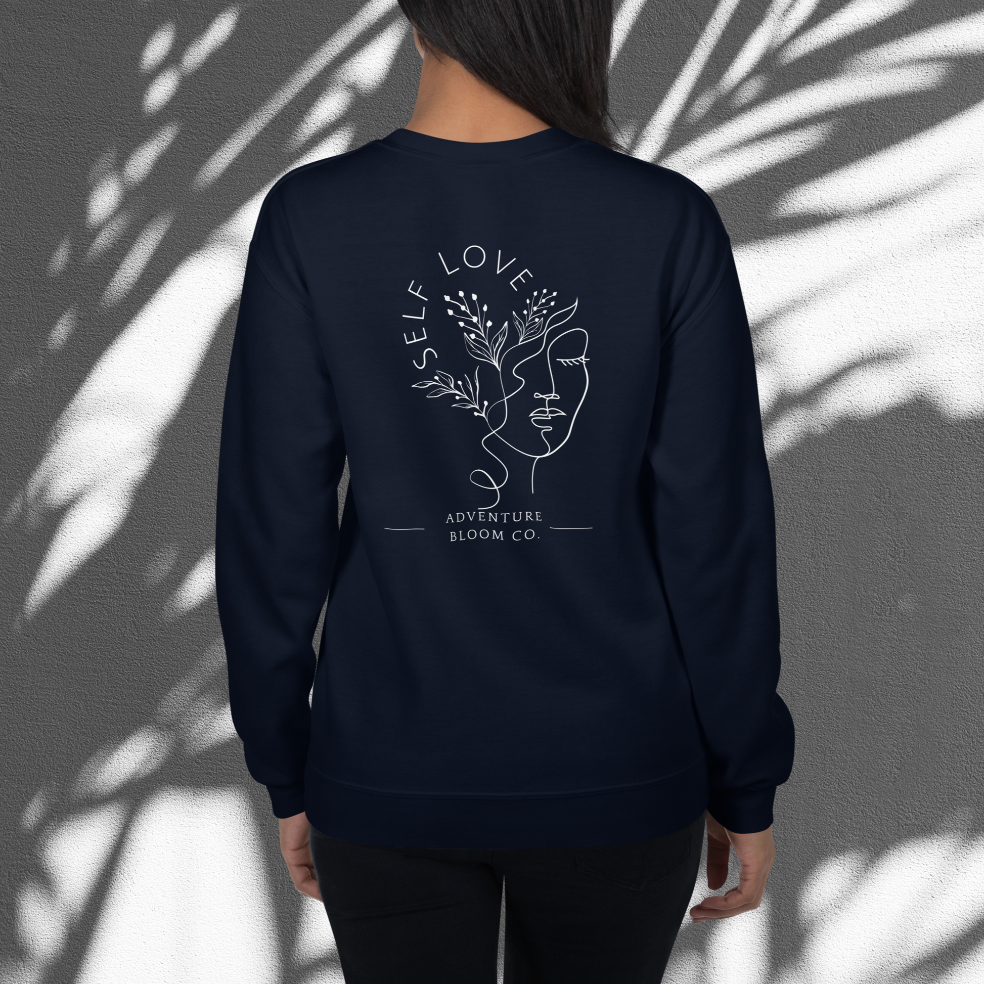 Back of Self-Love Sanctuary Crewneck Sweatshirt in Navy