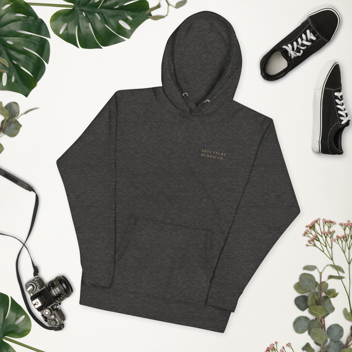 Lay flat shot of Growth-Inspired Ladies' Hooded Sweatshirt in Charcoal Heather – Adventure Bloom Co.