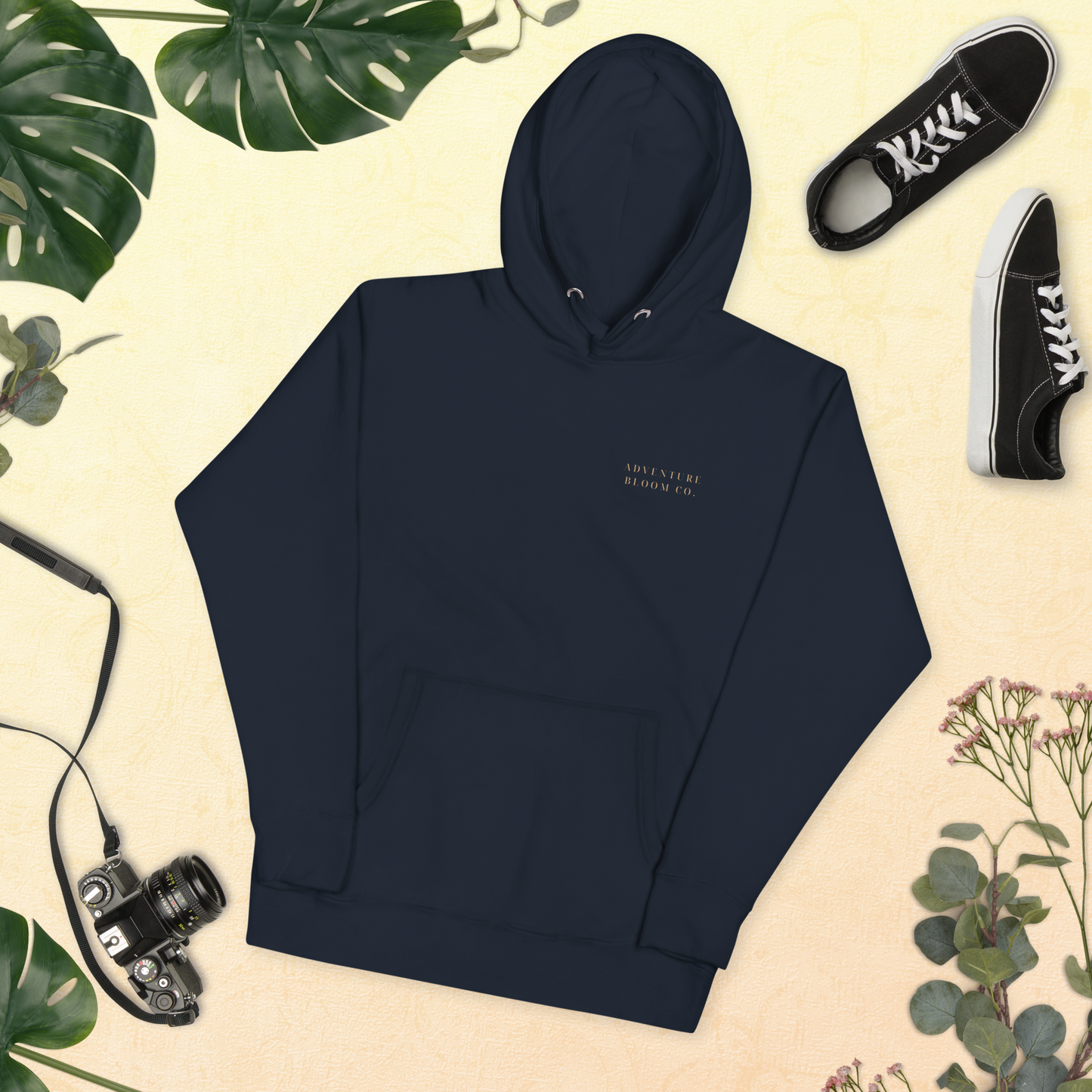 Lay flat shot of Growth-Inspired Ladies' Hooded Sweatshirt in Navy – Adventure Bloom Co.