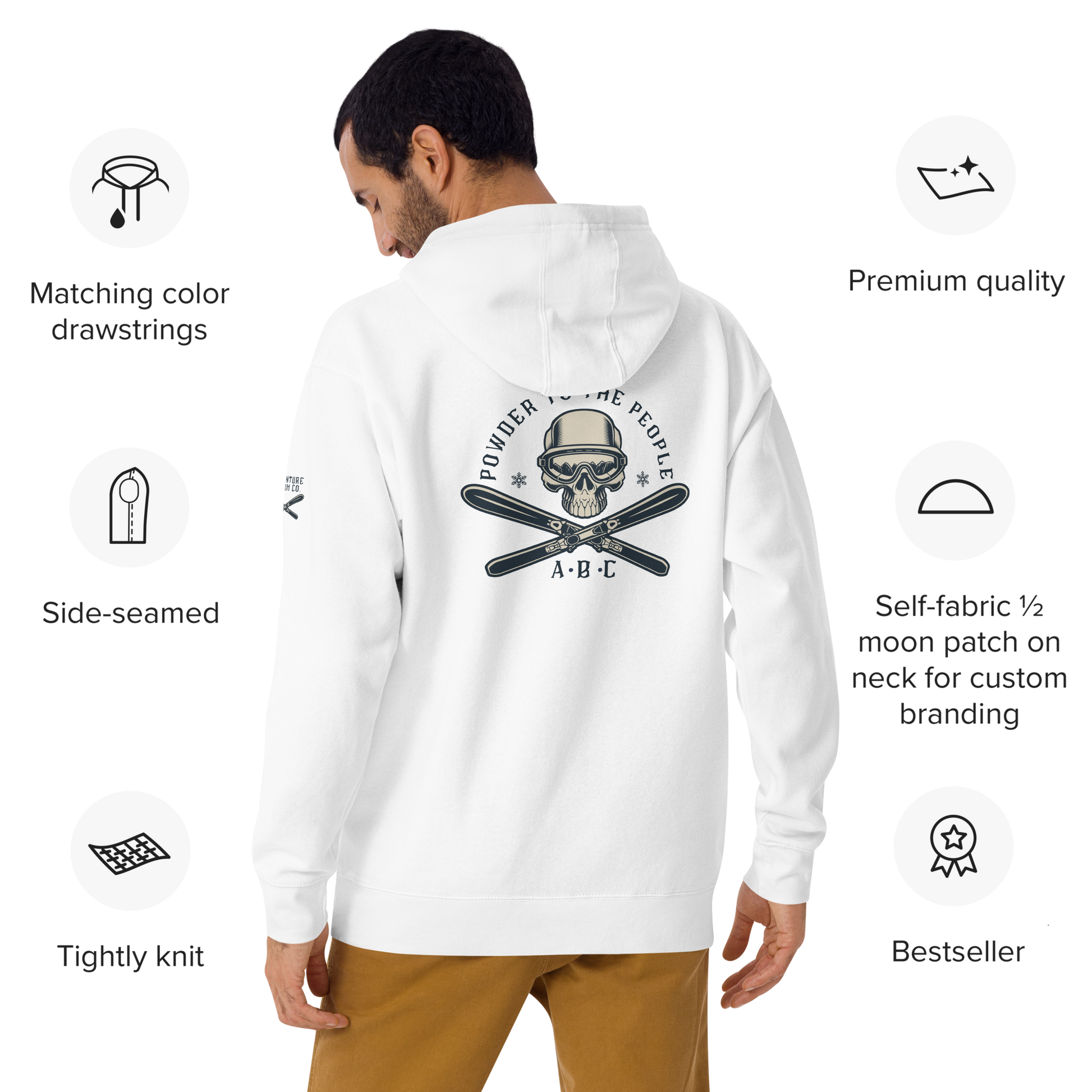 Skiing enthusiast in Adventure Bloom Co.'s thrilling hoodie in White.