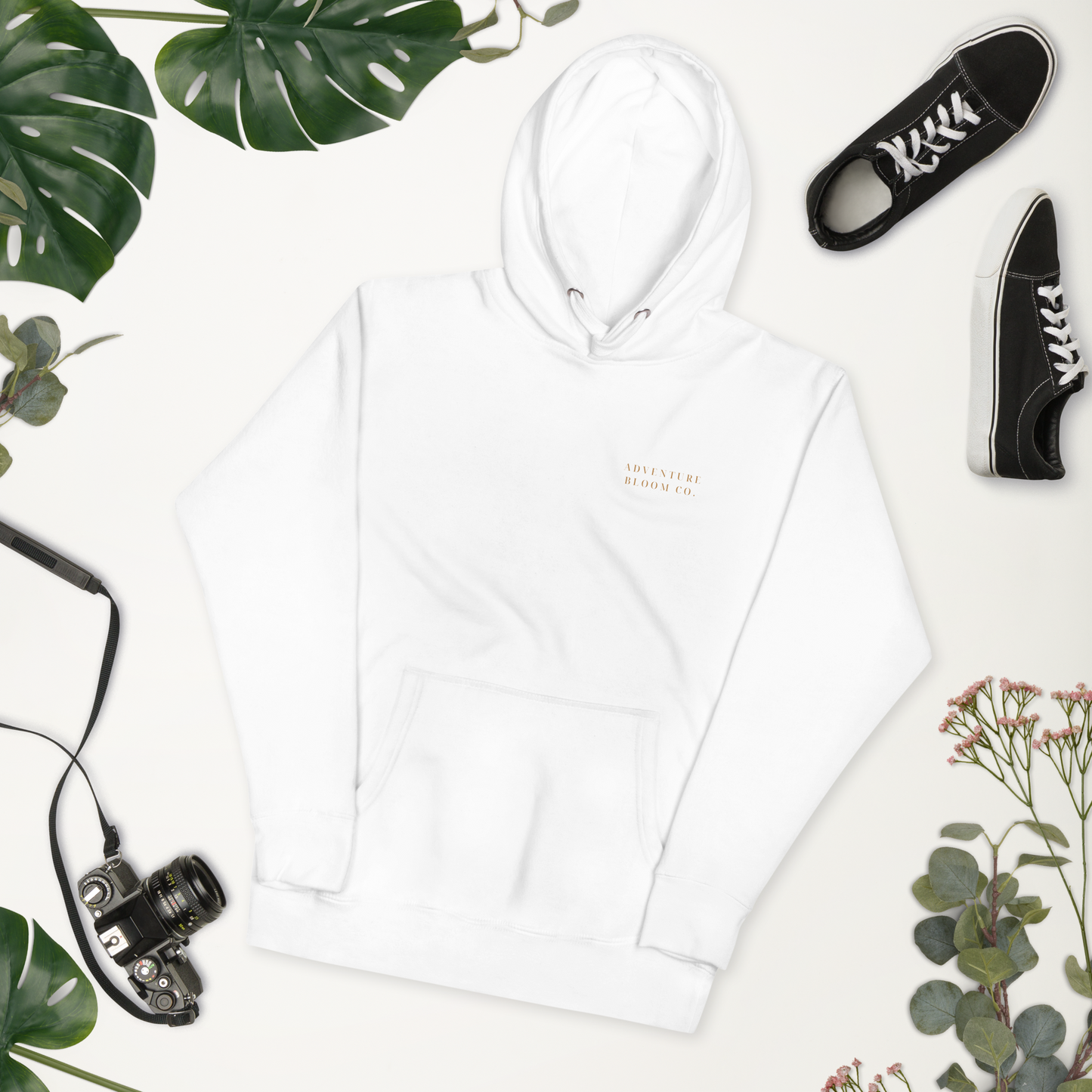 Lay flat shot of Growth-Inspired Ladies' Hooded Sweatshirt in White – Adventure Bloom Co.