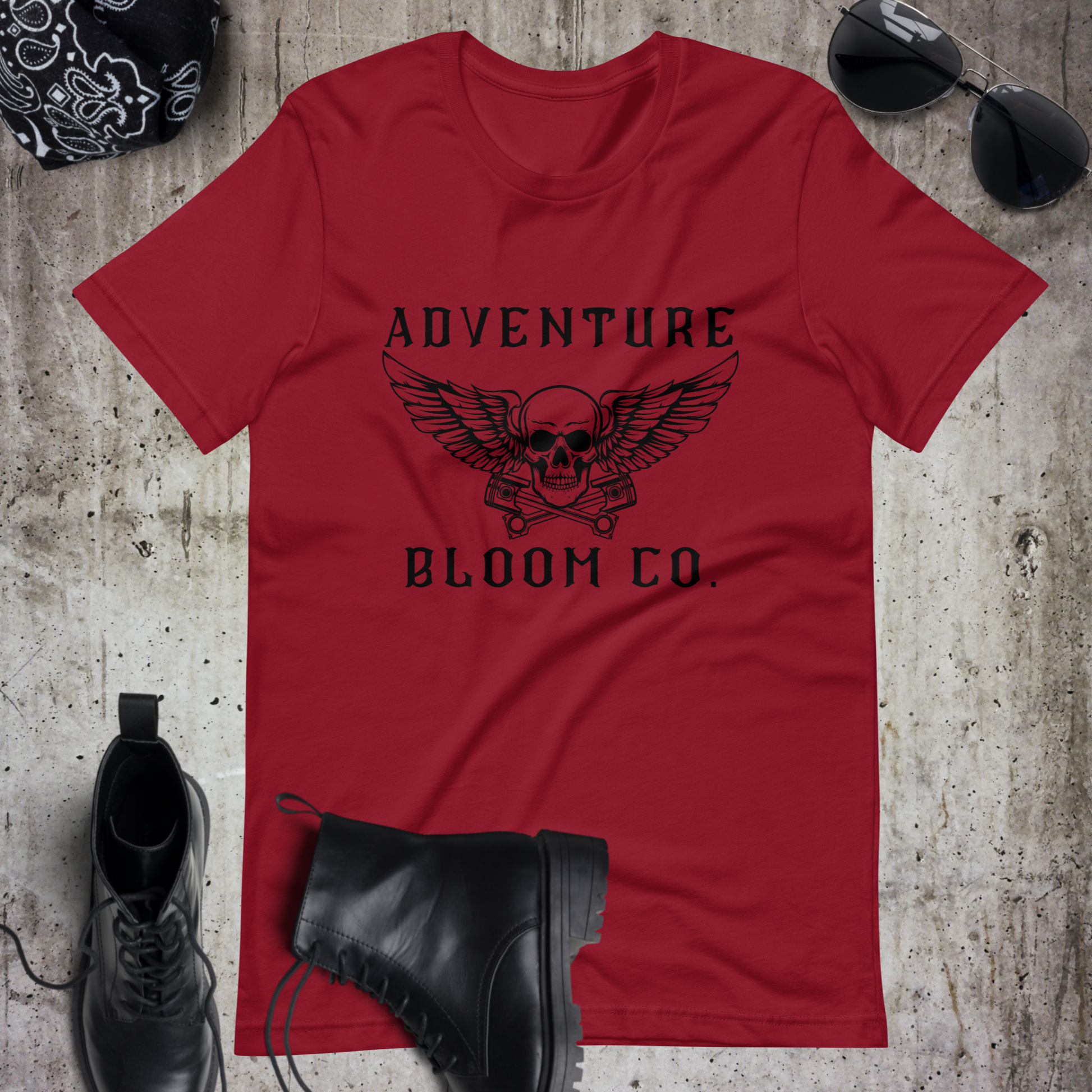 Bold design of Adventure Bloom Co.'s Tee in Cardinal, symbolizing the fearless spirit of motorcycle adventures