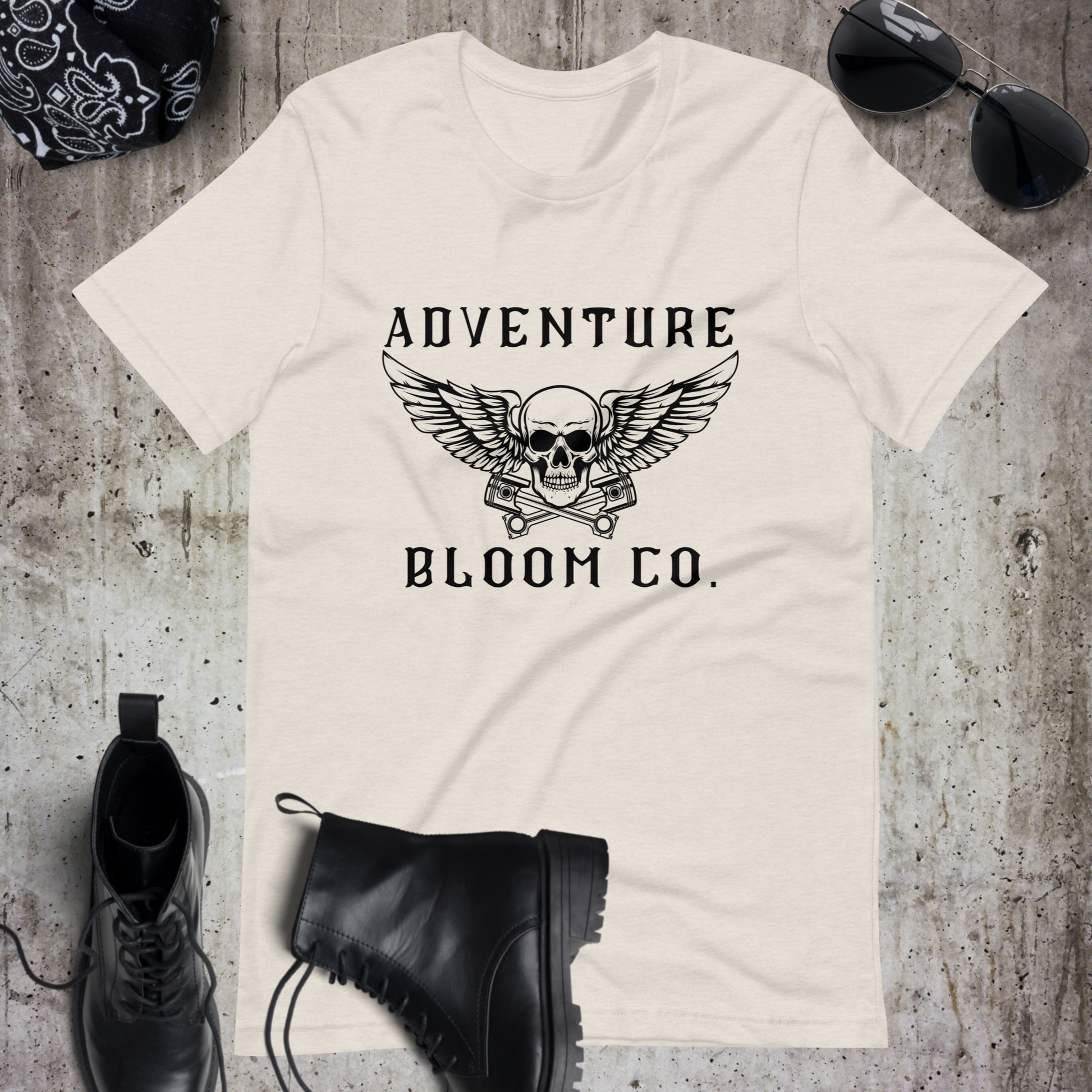 Bold design of Adventure Bloom Co.'s Tee in Heather Dust, symbolizing the fearless spirit of motorcycle adventures