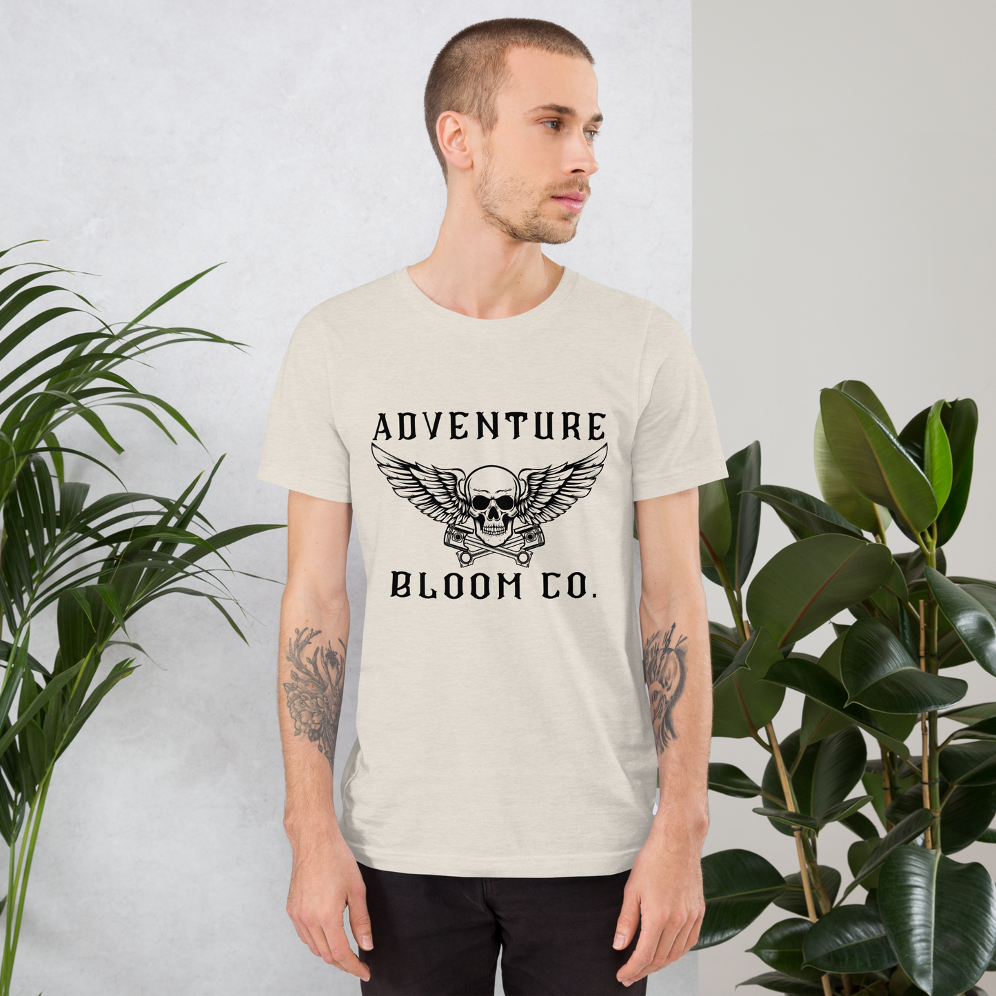 Adventure-ready biker tee by Adventure Bloom Co. in Heather Dust