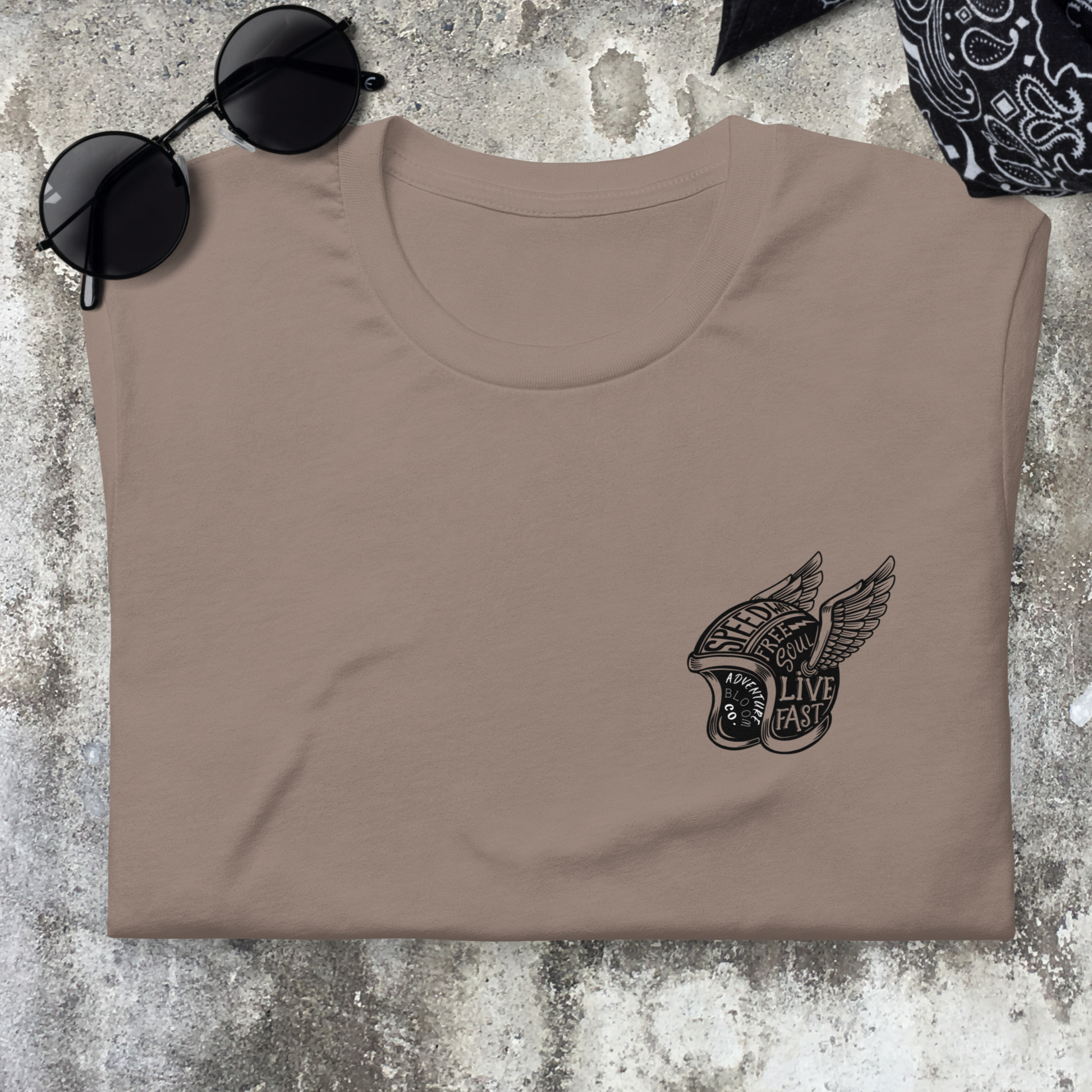 Hipster vibes meet motorcycle adventures with the Rebel Rider Expedition Tee in Pebble.