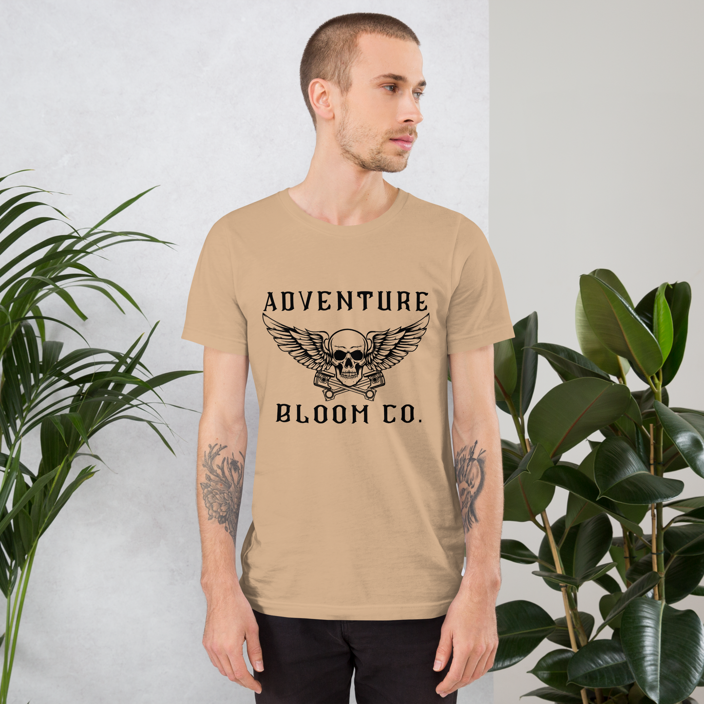 Adventure-ready biker tee by Adventure Bloom Co. in Tan