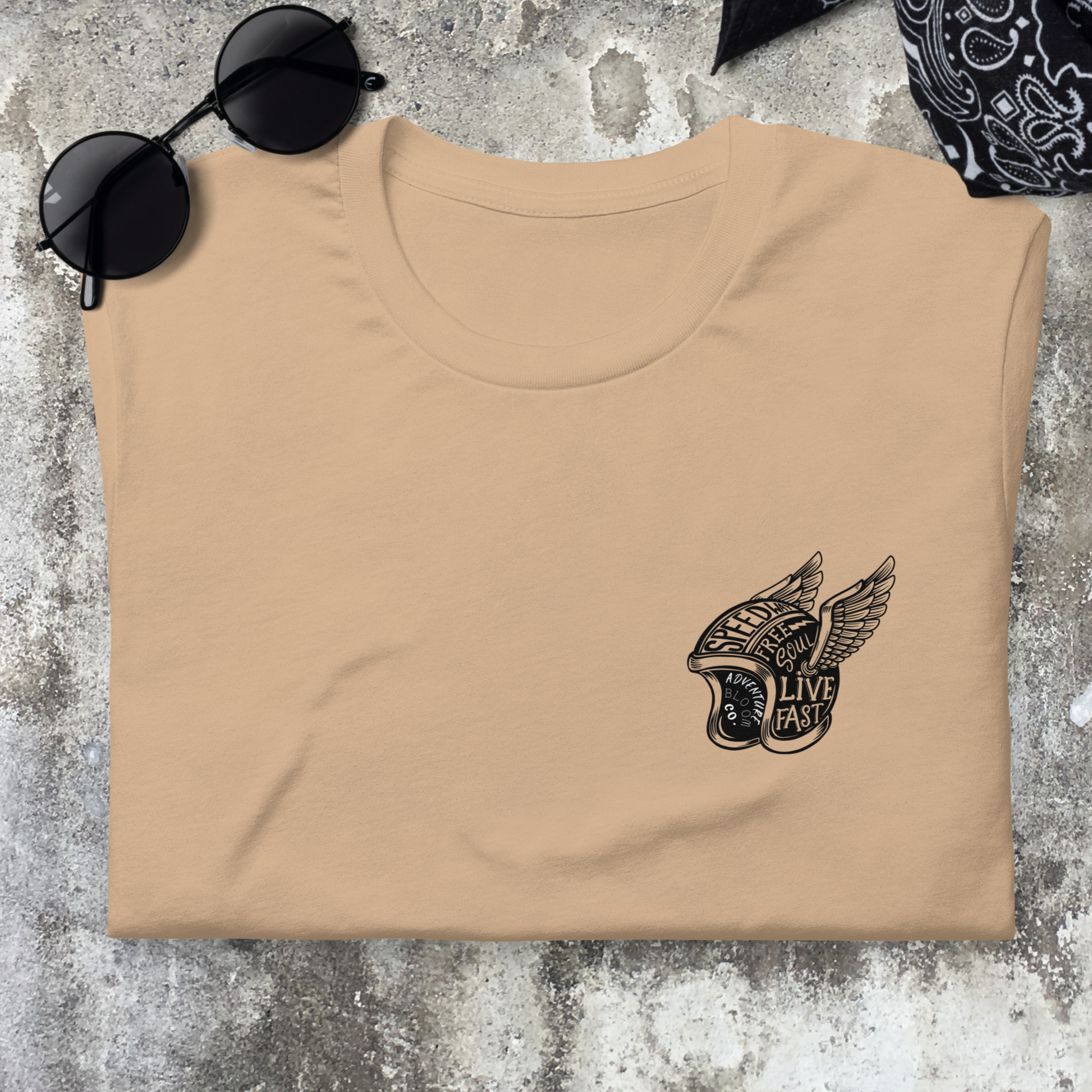 Hipster vibes meet motorcycle adventures with the Rebel Rider Expedition Tee in Tan.