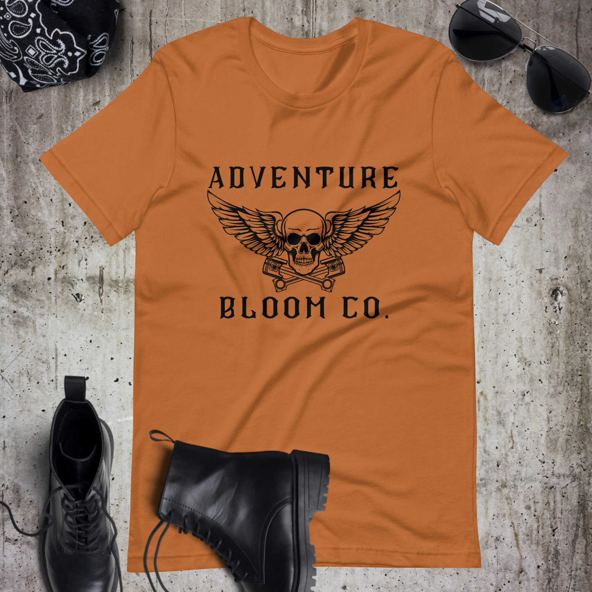 Bold design of Adventure Bloom Co.'s Tee in White, symbolizing the fearless spirit of motorcycle adventures