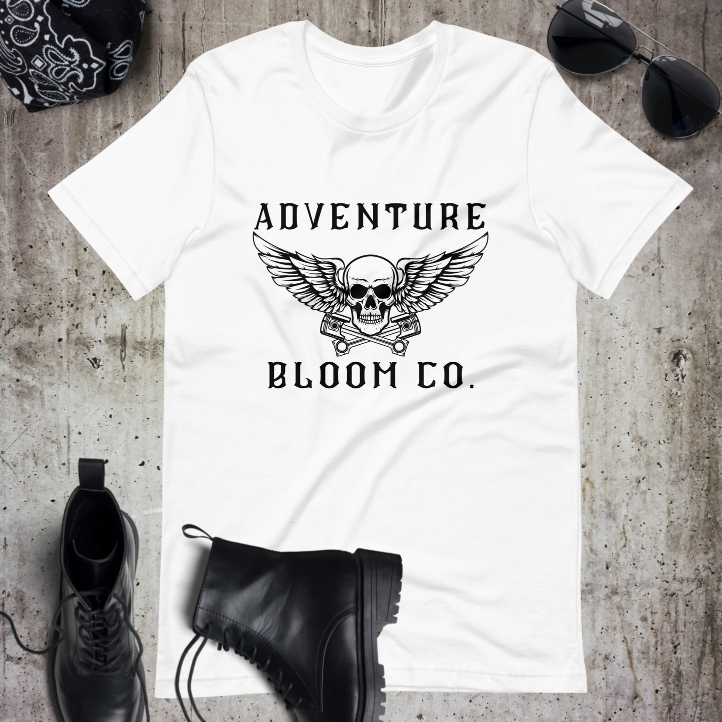 Bold design of Adventure Bloom Co.'s Tee in White, symbolizing the fearless spirit of motorcycle adventures