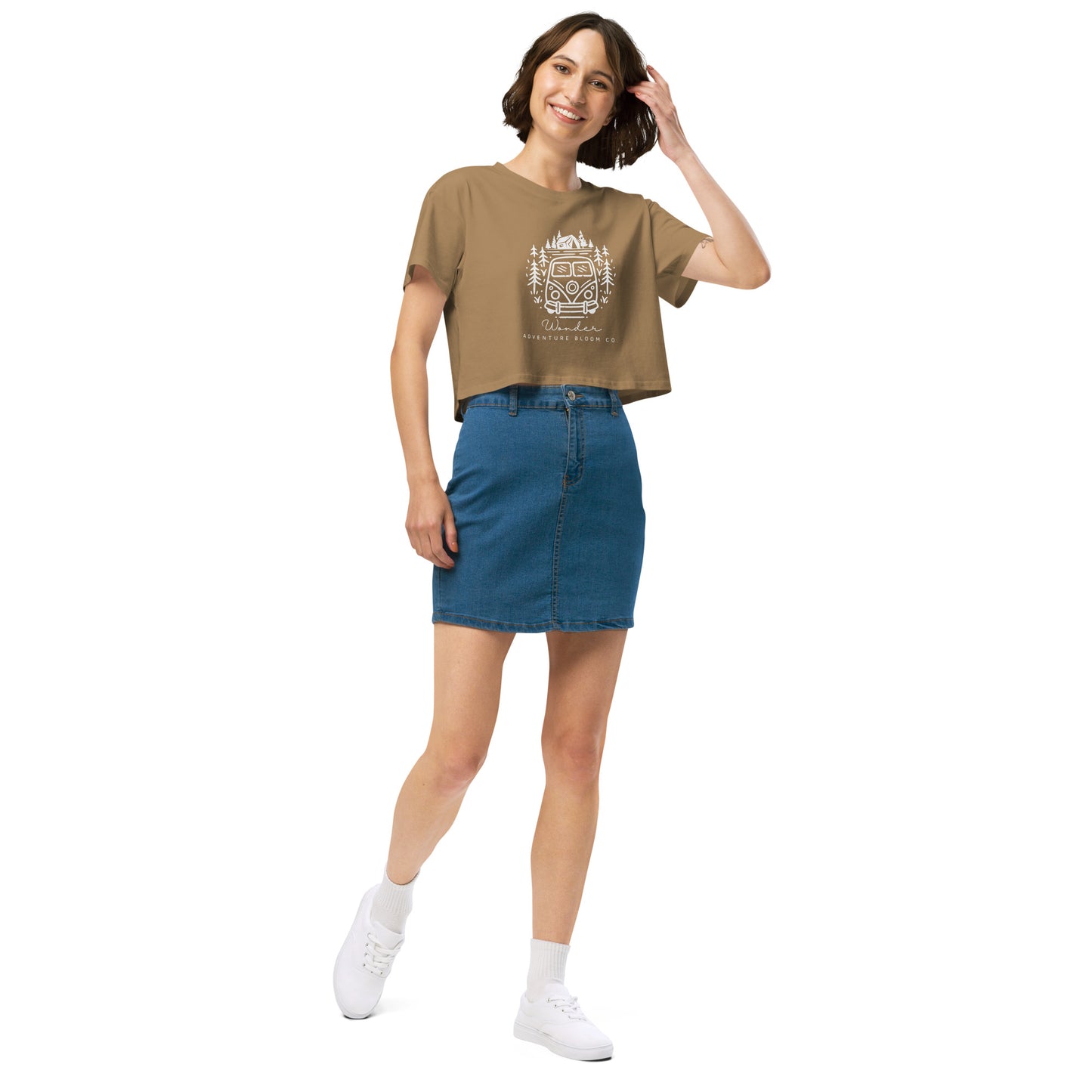 Women's Cropped Tee with Nature-Inspired 'Wild Wanderer' Graphic in Camel