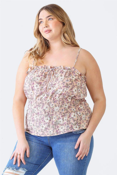 Petal Path Crumpled Strappy Smocked Curvy Top