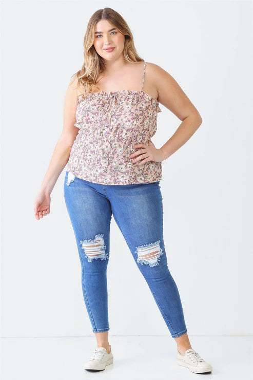 Petal Path Crumpled Strappy Smocked Curvy Top