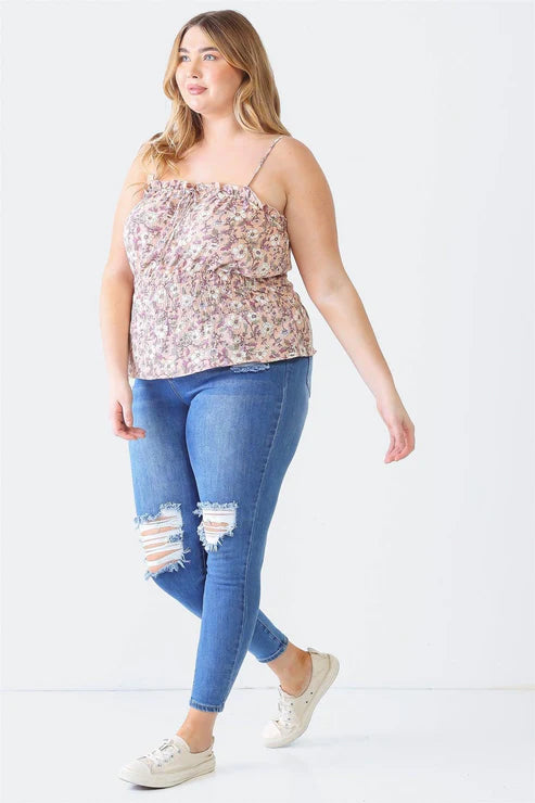 Petal Path Crumpled Strappy Smocked Curvy Top