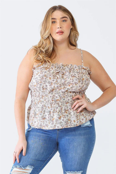 Petal Path Crumpled Strappy Smocked Curvy Top