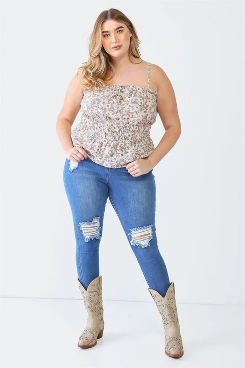 Petal Path Crumpled Strappy Smocked Curvy Top